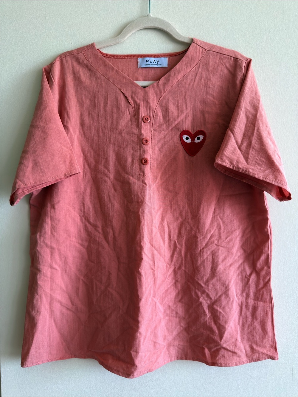 Comme des Garcons PLAY Coral Henley Tee with mini Red Heart Patch Size Small